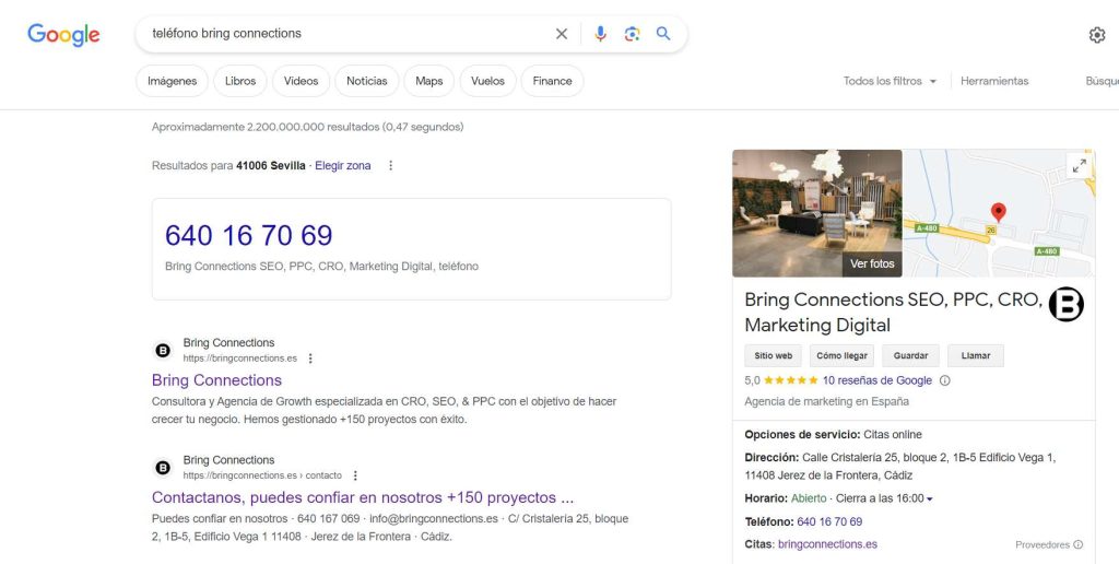 Estrategia de SEO local. Número de teléfono Bring.