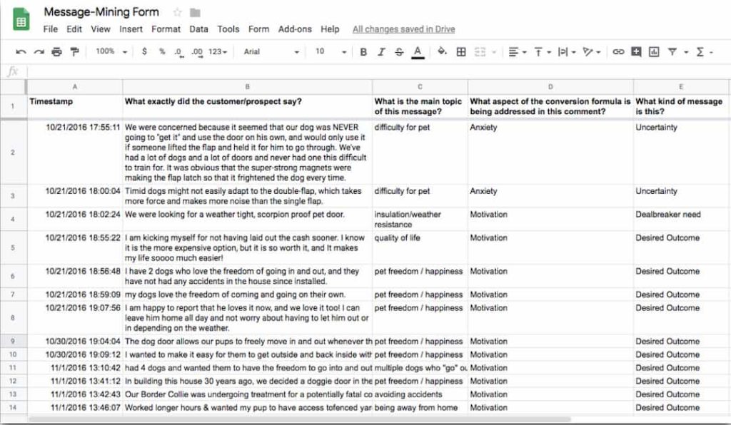 Excel de formulario para la extracción de mensajes.