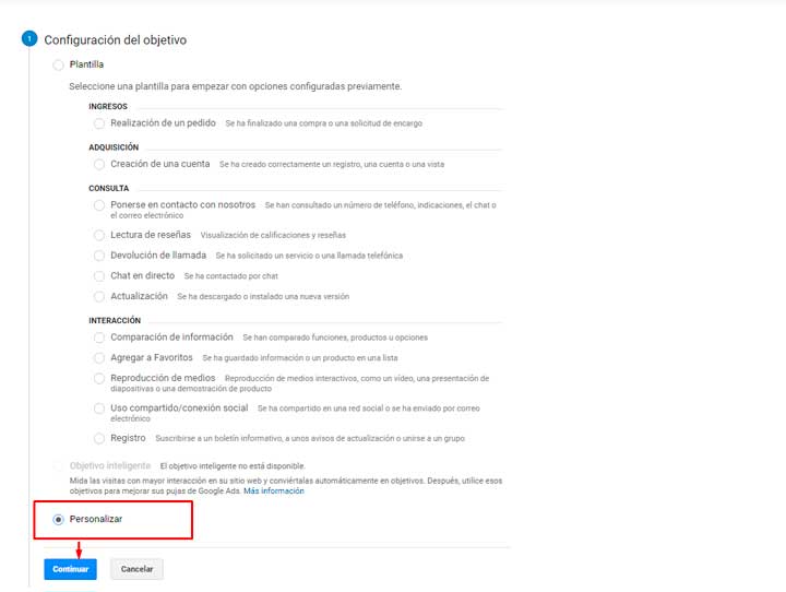 Configuracion de objetivos Google Analytics
