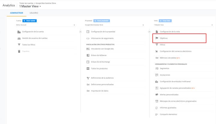 Creacion objetivos destino Google Analytics