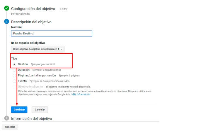 Descripcion de objetivos Google Analytics