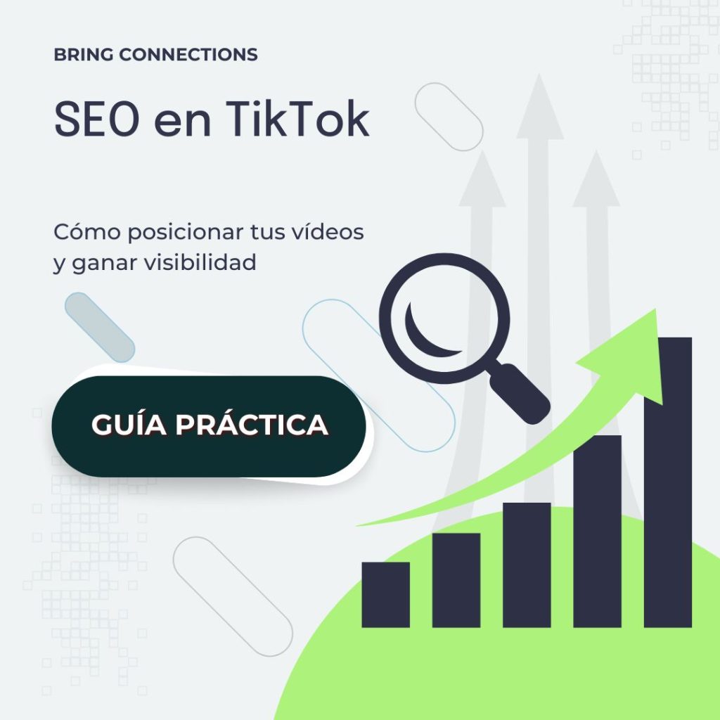 Infografía con los factores de SEO en TikTok: palabras clave en el texto del vídeo, hashtags relevantes, subtítulos y señales de interacción.